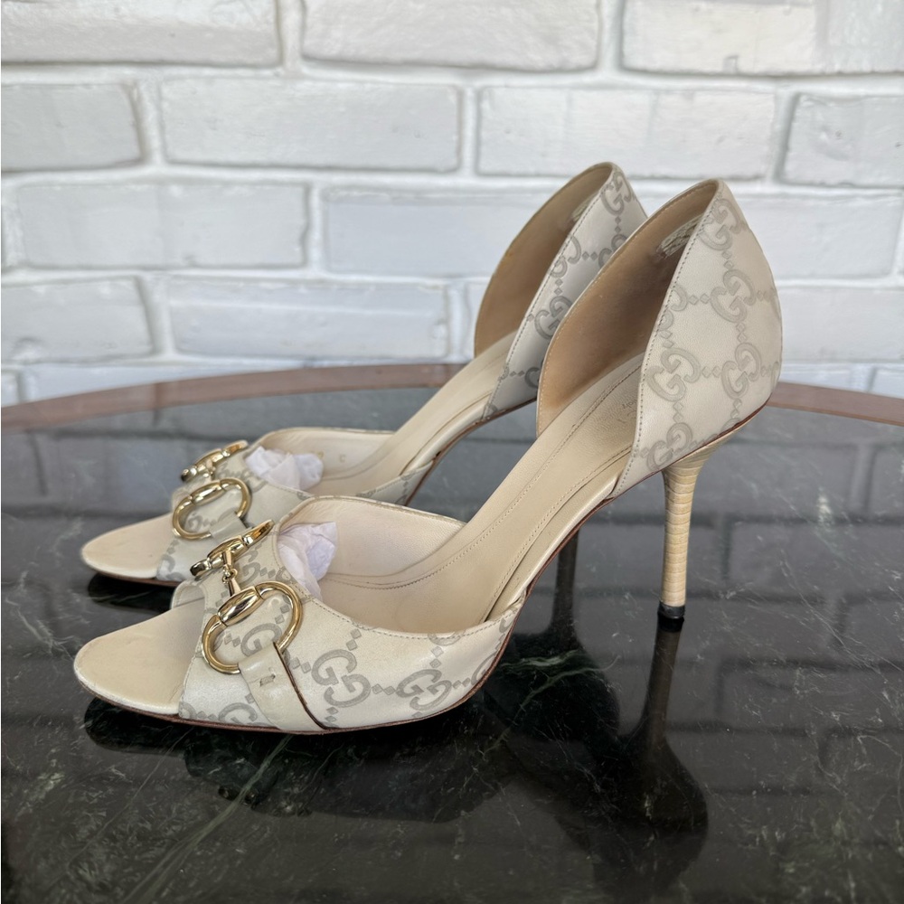Gucci Beige Monogram Peep-Toe Heels with Gold Hardware